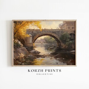Stone Arch Bridge Sunset Painting | European Architecture Vintage Art Print | Warm Tone Impressionism Artwork | PRINTABLE Download | KP24-57