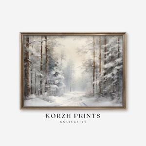 May include: A painting of a snowy forest scene with a path leading through the trees. The trees are covered in snow and the sky is a light blue. The painting is framed in a gold frame.