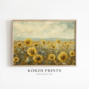 Tranquil Field of Sunflowers Impasto Painting | Palette Knife Sunflower Painting, Canvas Textured Brush Strokes PRINTABLE Download | KP24-36