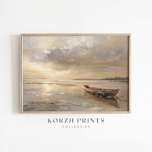 May include: A painting depicting a wooden boat resting on a tranquil body of water, with a cloudy sky as the backdrop. The boat is brown and weathered, and the water is a light blue-grey colour. The sky is a blend of grey and white clouds, with a touch of orange in the distance. The painting is framed in a light wood frame.