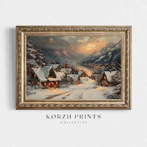 Cozy Winter Wonderland Christmas Village Painting Wall Art | Snowy Holiday Village Print | Rustic Christmas PRINTABLE Download | KP24-102