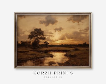 Warm Tone Sunset Landscape Painting: Antique Impressionism Art (Printable Download)