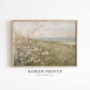 Seascape Sailboat Beach Scene | Tranquil Muted Warm Tone | Impressionism Artwork Vintage Antique Oil Painting | PRINTABLE Download | KP24-24