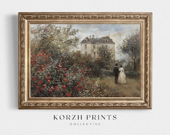 Victorian Couple Rose Garden Oil Painting: Romantic Antique Mansion Art (Printable Download)