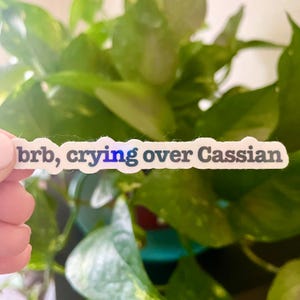 May include: A white sticker with the text "brb, crying over Cassian" in black lettering. The sticker is held in a hand against a green leafy background.