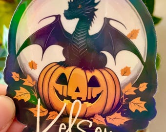 Personalized Halloween Dragon on a Pumpkin Holographic Waterproof Sticker | Booktok | Name Sticker | Fantasy | Party