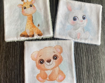 3 Washable Baby/Make-up Remover Wipes - Animal Illustrations - Reusable Cotton Pads - Washable Wipe