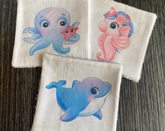 3 washable baby/make-up remover wipes - Animal Illustrations - Reusable cotton pads -