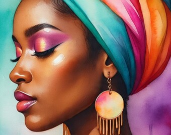 Vibrant Watercolor Black Woman Portrait, Colorful Turban, Afrocentric Wall Art (Digital Download)