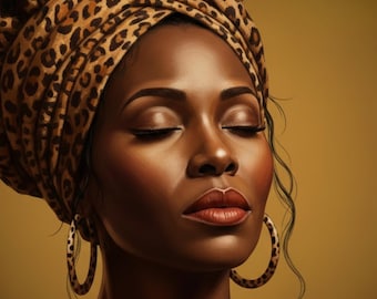 Black Woman Portrait Art, Leopard Print Headwrap, Neutral Tones Printable (Digital Download)