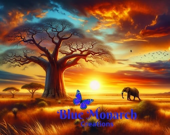 African Savannah Sunset Art Print | Baobab Tree, Elephant (Digital Download)