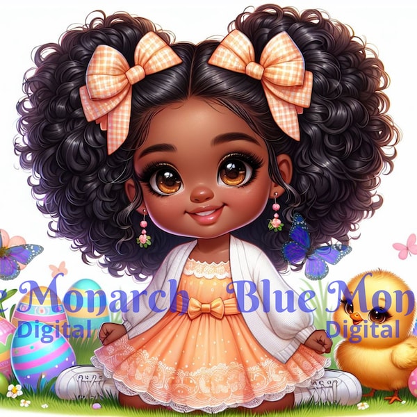 Cute African American Girl Easter Egg Hunt| Easter | Easter Egg | Girl in Peach Easter Dress and Bows | PNG | Digital Art | Digital Download