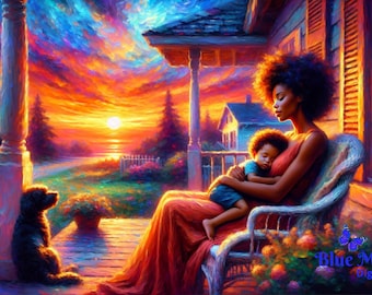 African American Mother and Child Sunset Art Print (Digital Download)