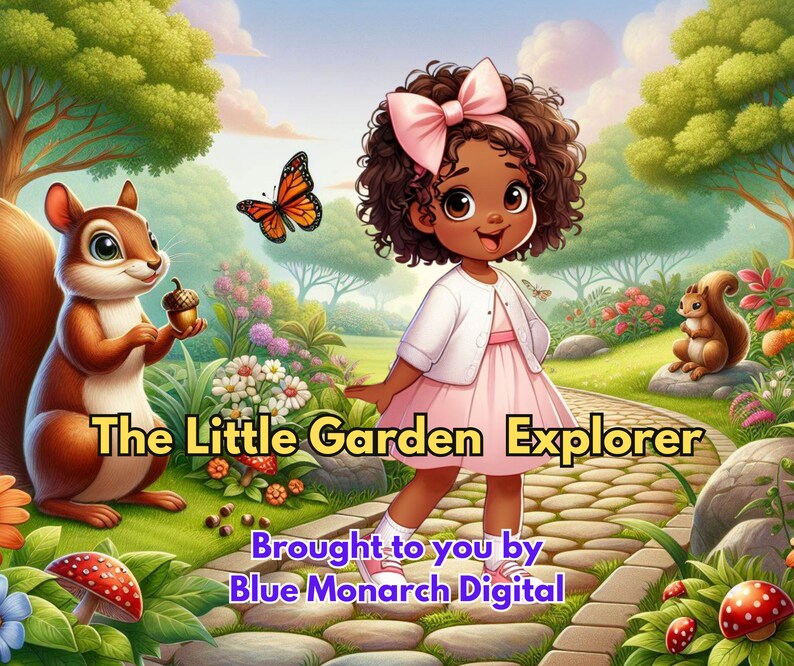 May include: A young girl with brown hair and a pink bow walks on a stone path in a garden. She is wearing a white sweater and a pink dress. There are flowers, trees, and a squirrel on either side of the path. The text "The Little Garden Explorer" is written in yellow letters on the path. The text "Brought to you by Blue Monarch Digital" is written in blue letters below the path.