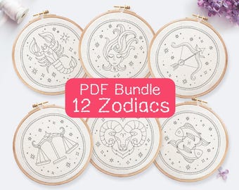 Pacchetto di modelli per ricamo zodiacale: 12 disegni astrologici (download PDF, dimensioni telaio 3-8")