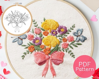 花と蝶の刺繍アート 蝶と花の手刺繍パターン：初心者向けフープアート、素朴な装飾（PDF