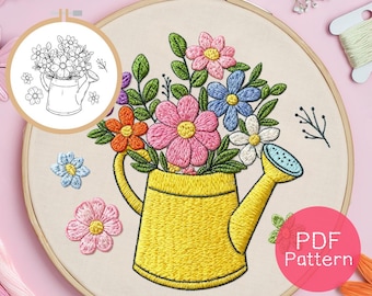 Gieter bloemen handborduurpatroon, doe-het-zelf hoepelkunst (pdf-patroon)