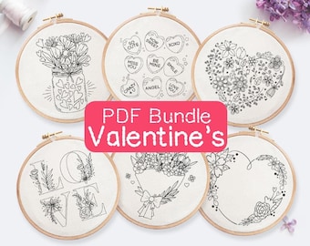 Pacchetto di modelli di ricamo per San Valentino: 10 confezioni di disegni fai da te (download PDF, dimensioni telaio da 3 a 8")