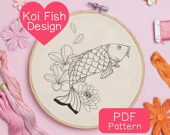 Japanese Koi Fish Embroidery Pattern: Beginner DIY Hand Embroidery (PDF Download, 3-8" Hoop Size)
