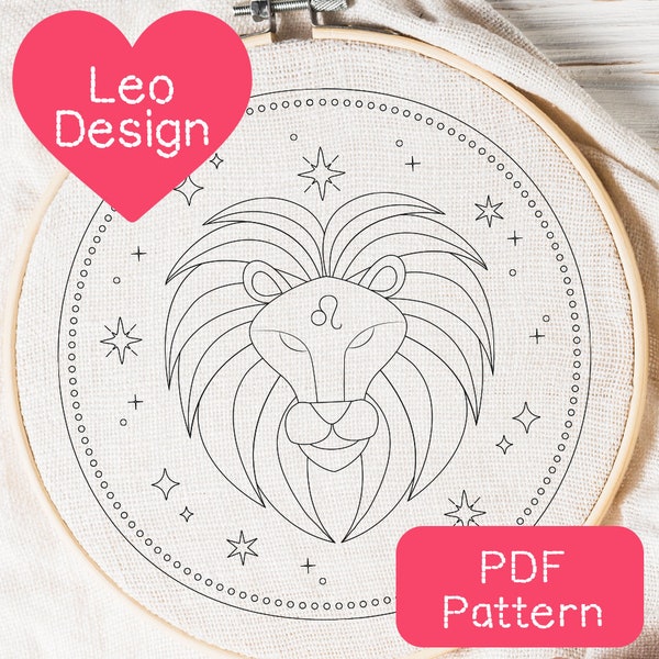 Leo Zodiac, Embroidery PDF Pattern, Digital Download, Hand Embroidery, Beginner Embroidery PDF Pattern, Astrology Design