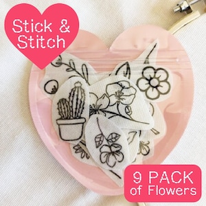 Floral Stick and Stitch Embroidery Stickers: DIY Beginner Designs (9pcs Washaway Paper Transfer)