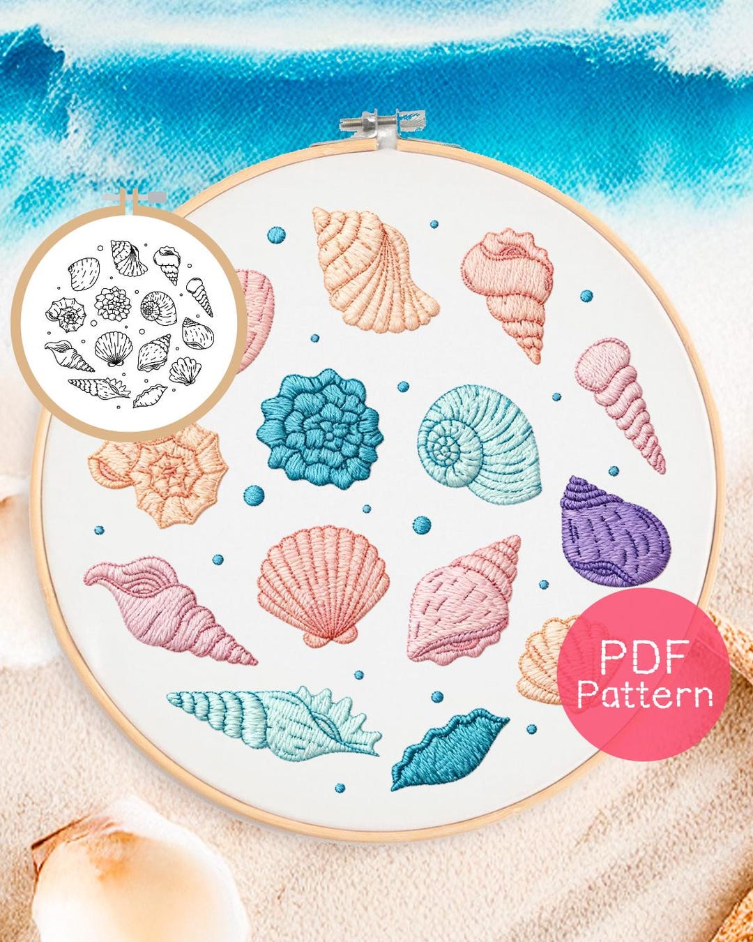 Seashell Embroidery Pattern: Easy Beach Design (PDF Download, 3-8" Hoop ...