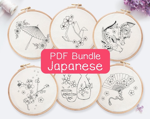 Japanese Embroidery PDF Pattern Bundle: 15 DIY Designs (PDF Download, 3-8" Hoop Sizes)