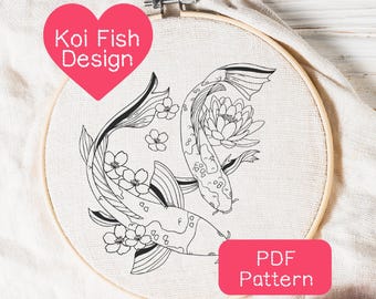 Japanese Koi Fish Embroidery Pattern: Beginner DIY Hand Embroidery (PDF Download, 3-8" Hoop Size)