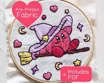 Wizard Kirby, Pre Printed Fabric Panel PLUS PDF Pattern, Kawaii Design, Hand Embroidery, Beginner Embroidery