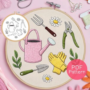 Handstickerei, Gartenwerkzeuge, Frühling, Gartenwerkzeuge, Stickrahmen-Anhänger (PDF-Muster)