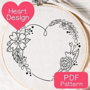 Flower Heart Embroidery Pattern: Beginner Hand Embroidery Design (PDF Download, 3-8&quot; Hoop Sizes)