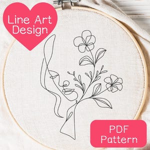 Floral Woman Line Art Embroidery Pattern: Beginner DIY (PDF Download, 3-8&quot; Hoop Size)