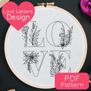 Padrão de bordado de letras florais de amor em PDF, bordado de amor, padrão de bordado de flores à mão, bordado para iniciantes em PDF, bordado de casais