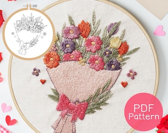 ワイルドフラワーブーケの刺繍パターン：初心者向けフラワーデザイン（PDFダウンロード、3～8インチの枠サイズ）