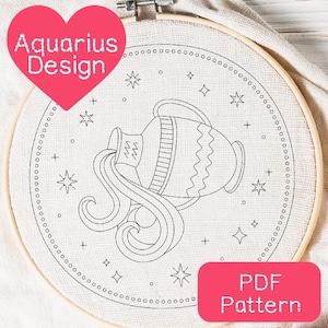 Aquarius Zodiac, Embroidery PDF Pattern, Instant Digital Download, DIY Hand Embroidery Pattern, Beginner Embroidery, Easy for Beginners