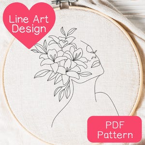 Floral Woman Line Art Embroidery Pattern: Easy DIY (PDF Download, 3-8&quot; Hoop Size)