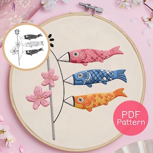Japanese Koinobori Embroidery Pattern: Beginner DIY Hand Embroidery (PDF Download, 3-8" Hoop Size)