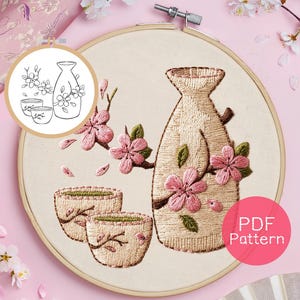 Japanese Tea Set Embroidery Pattern: Beginner Hand Stitch (PDF Download, 3-8" Hoop Sizes)