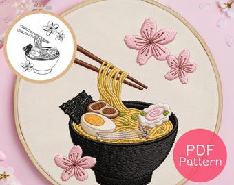 Patrón de bordado de ramen japonés: Bordado a mano para principiantes (descarga en PDF, tamaño de bastidor de 7,6 a 20 cm)