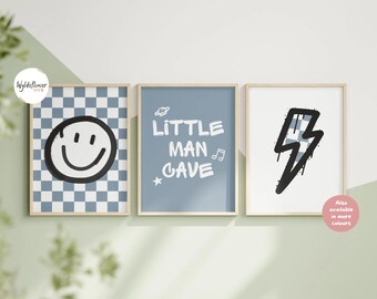 Little Man Cave Set of 3 Prints, Boys Nursery Decor, Boy Wall Art, Blue Checkered Wall Art, Modern Boys Bedroom Prints, Smiley Face Art