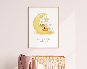 Fox Print, Boho Nursery Wall Art Baby Room Decor, Moon and Stars Poster, Woodland Animal Kids Bedroom Artwork for Boys or Girls
