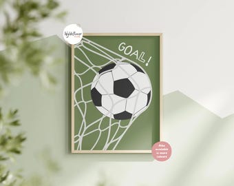 May include: A framed wall art print featuring a black and white soccer ball hitting a white net against a solid olive green background. The word GOAL! is printed in white capital letters in the upper right corner of the rectangular print.