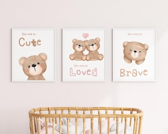 Teddy Bear Nursery Prints Set of 3, Neutral Wall Art for Baby Room, Cute Animal Affirmation Posters, Kids Bedroom Decor, Gender Neutral