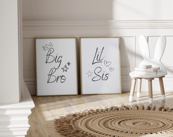 Personalised Big Brother and Little Sister Wall Art Set, Custom Sibling Nursery Prints, Big Bro Lil Sis Room Decor, Kids Bedroom Art