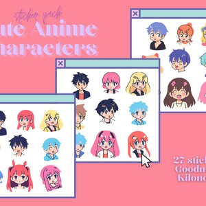 May include: A sticker pack featuring cute anime characters. The stickers are displayed in digital windows against a pink background. The text "Sticker Pack Cute Anime Characters" is at the top. The stickers include various anime-style faces with different hair colors and expressions.