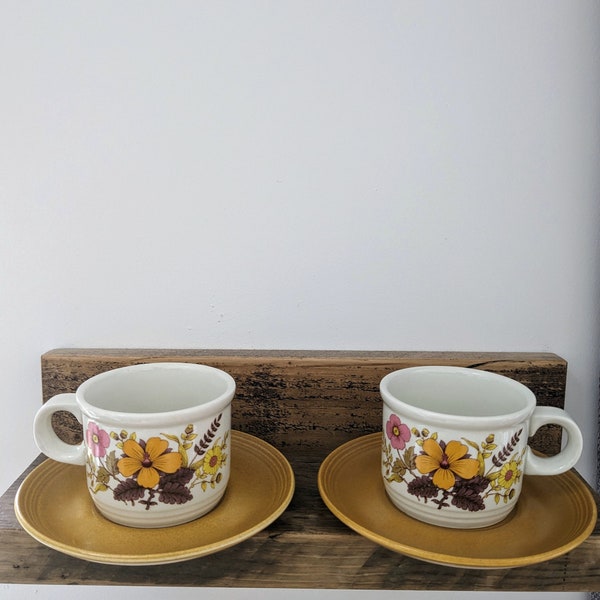 Retro Pair of Flower Teacups and Saucers Myott Fine Ironstone Staffordshire England 1970's Floral Design Kitchen Decor