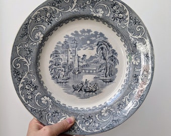 Antique Grey and White China Burgess and Leigh Hill Pottery Rhine Plate 1880-1905 Ridgways Stoke on Trent