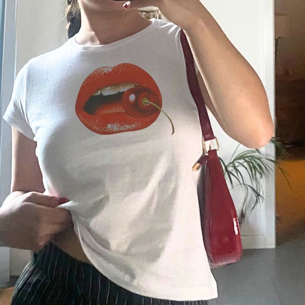 Cherry Lips Baby Tee, 90s Baby Tee, Retro Cherry Tee, Y2K Baby Tee, Trendy Baby Tee, 90s Fashion