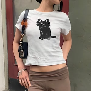 Spooky Black Cat Baby Tee, Three headed cat baby tee, Trendy 90s Baby Tee, Trendy Y2K Baby Tee, Trendy Vintage Baby Tee, Pinterest Baby Tee