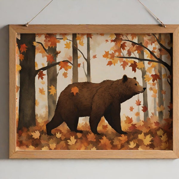 Autumn's Stroll, Digital artwork, Print, Ai art, wall decor, hanging wall decorations, Bear, Children's room artwork